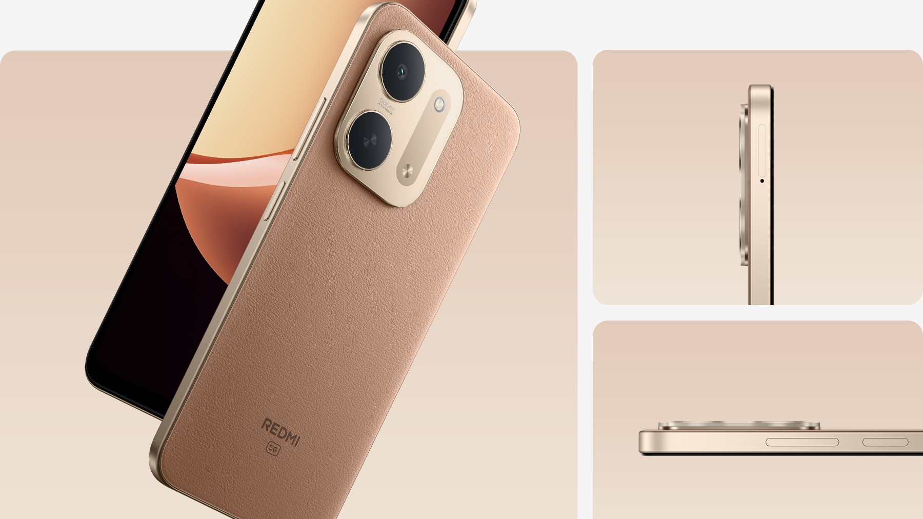Redmi 17C 5G smartphone in brown vegan leather finish showing its floating crater camera module