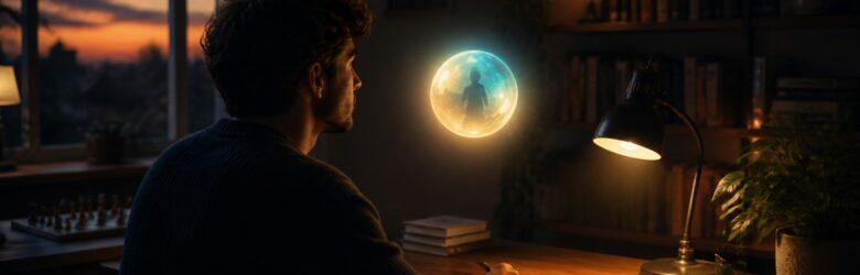 AI-generated illustration of a personal AI agent as a glowing orb beside a home office desk