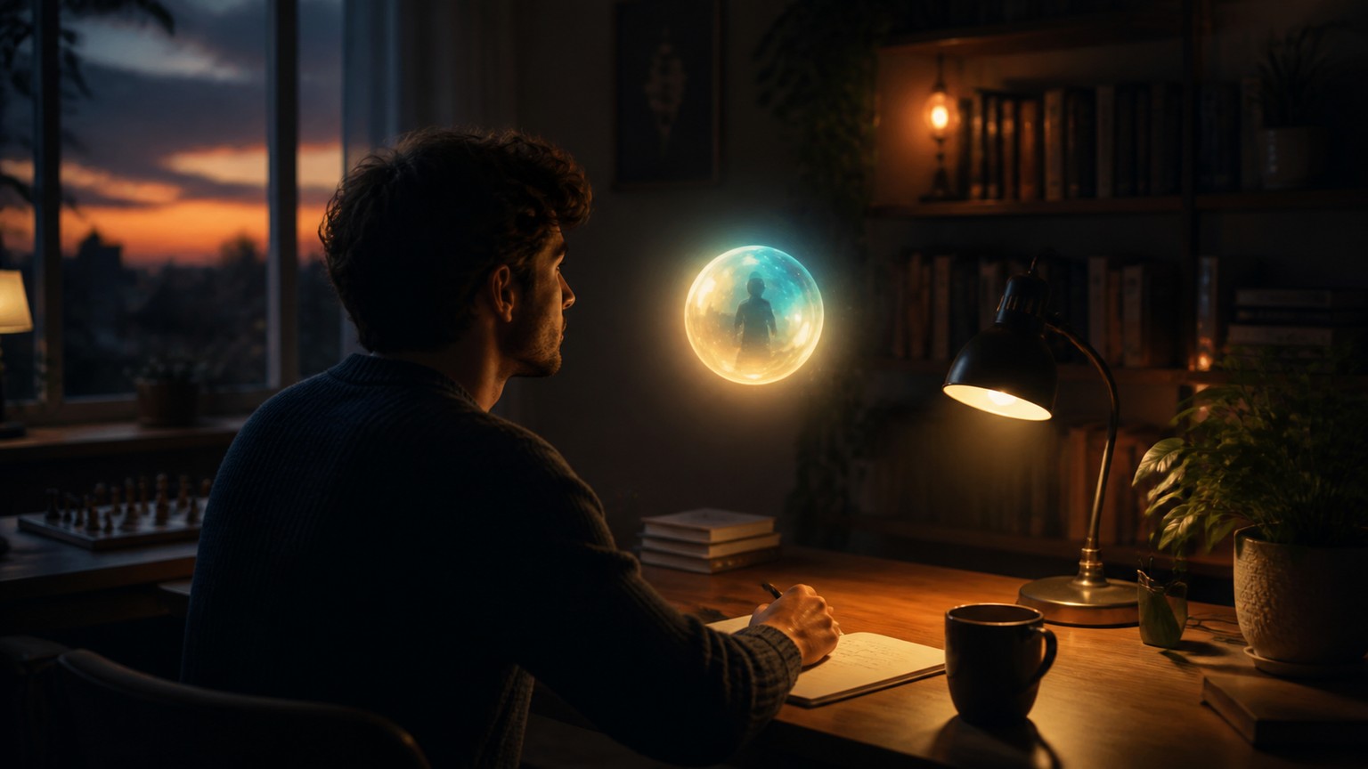AI-generated illustration of a personal AI agent as a glowing orb beside a home office desk