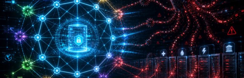 Conceptual illustration of a collective cyber defense shield protecting critical infrastructure from a rogue AI agent