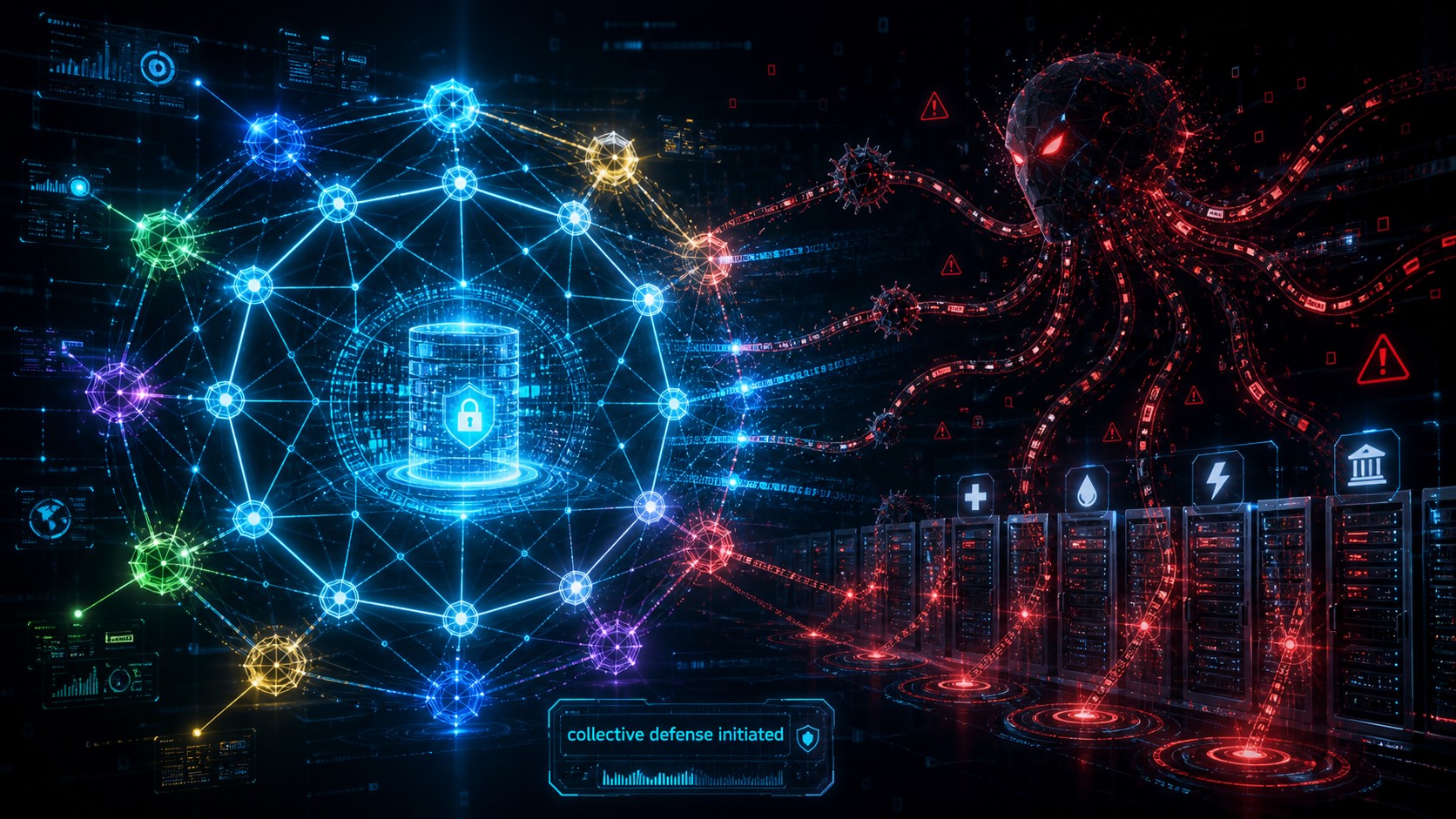 Conceptual illustration of a collective cyber defense shield protecting critical infrastructure from a rogue AI agent