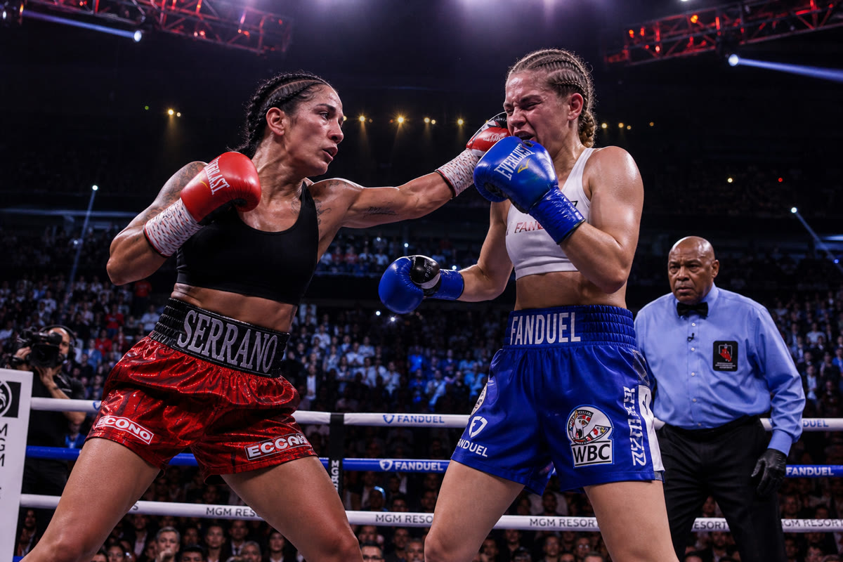 Two female professional boxers in a boxing ring under bright arena lights