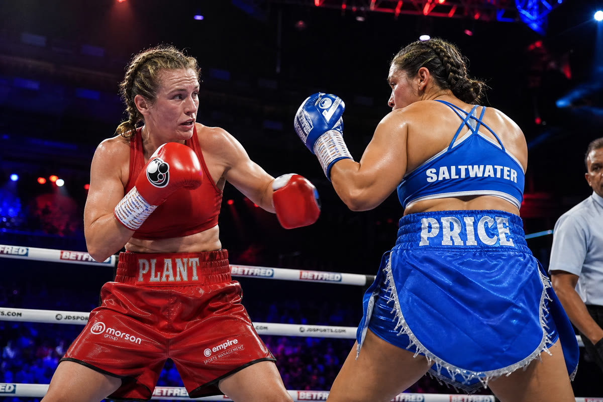 Two female middleweight boxers in a boxing ring under bright lights