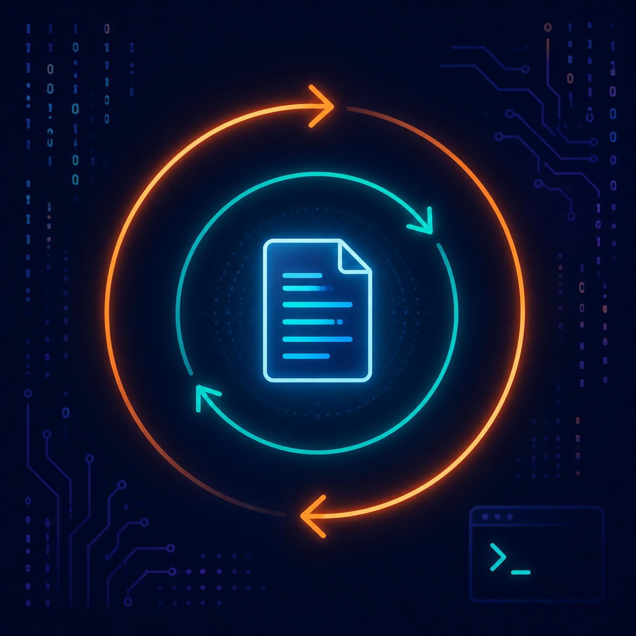 Abstract illustration of two interlocking loops around a skill file, representing a self-improving AI agent feedback loop