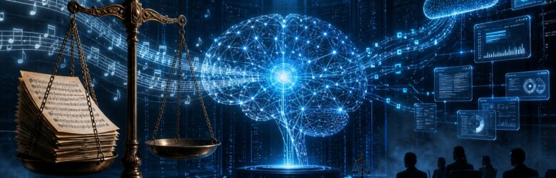 Conceptual illustration of AI music copyright litigation with neural network and justice scale