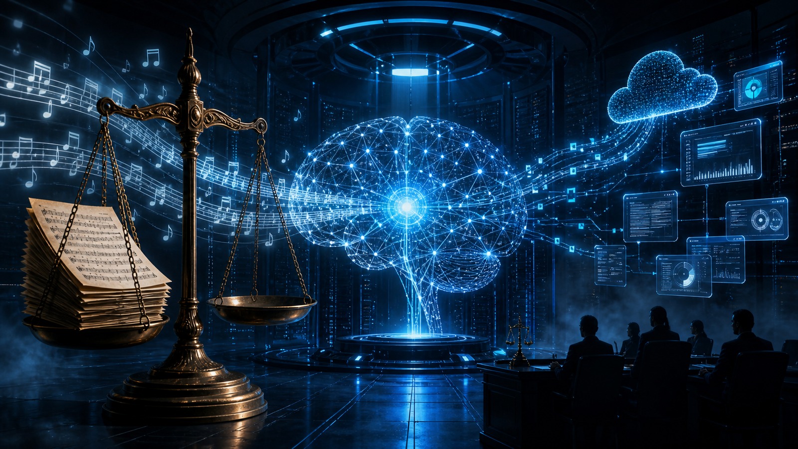 Conceptual illustration of AI music copyright litigation: a neural network core with musical notes and sheet music flowing in, and a justice scale holding copyrighted works