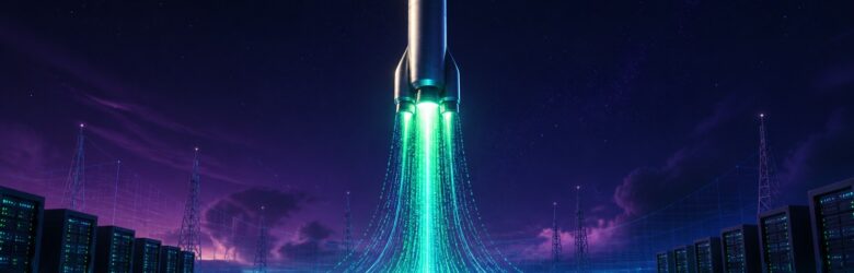 Conceptual illustration of a rocket launching from a code editor window with streams of code flowing into the engine, representing SpaceX acquiring Cursor.