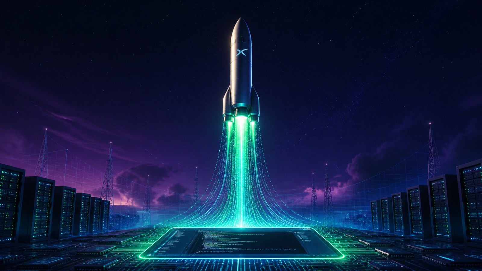 Conceptual illustration of a rocket launching from a code editor window with streams of code flowing into the engine, representing SpaceX acquiring the AI code editor Cursor.