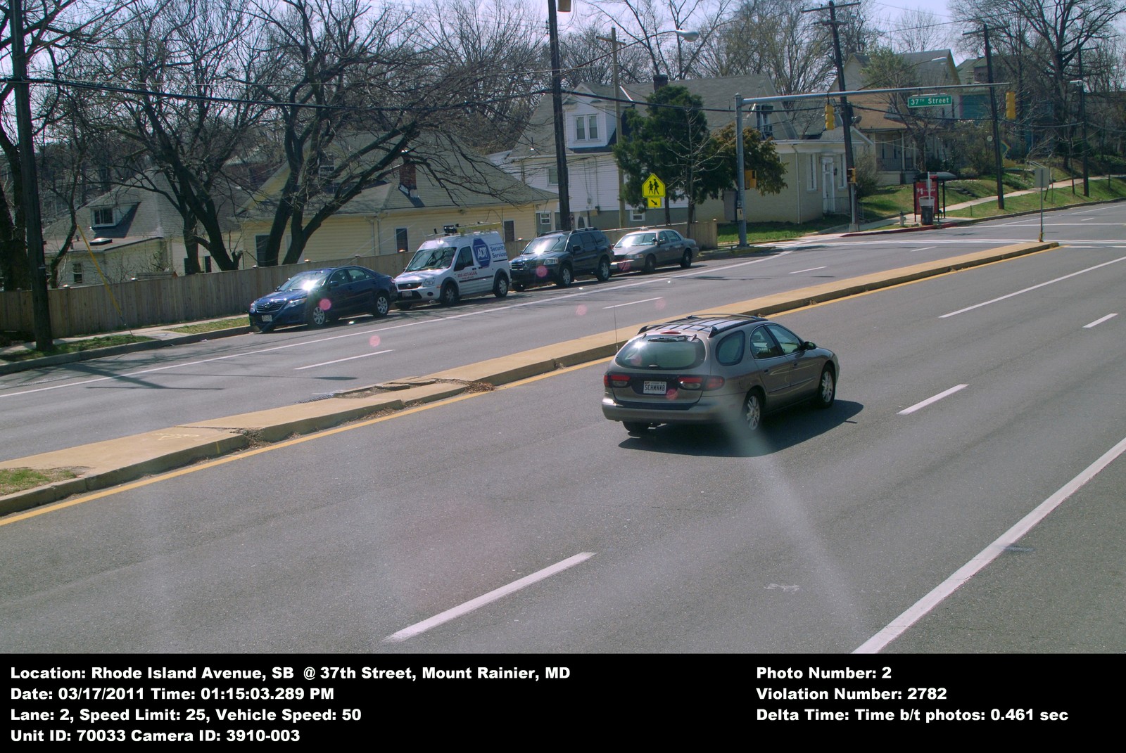 Speed camera in Mount Rainier, Maryland capturing a speeding car on a public road