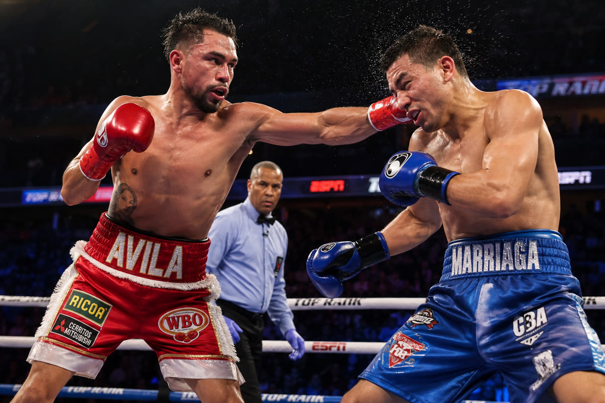 Two welterweight boxers facing off in the ring under bright fight-night lights