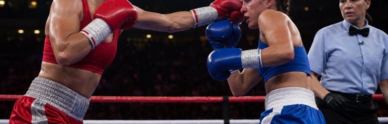 Two female boxers exchanging in the ring under bright lights at a women's boxing championship
