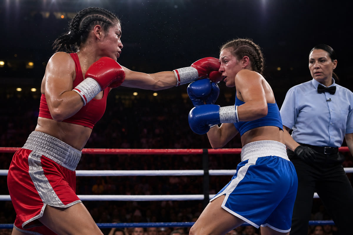 Two female boxers exchanging in the ring under bright lights at a women's boxing championship