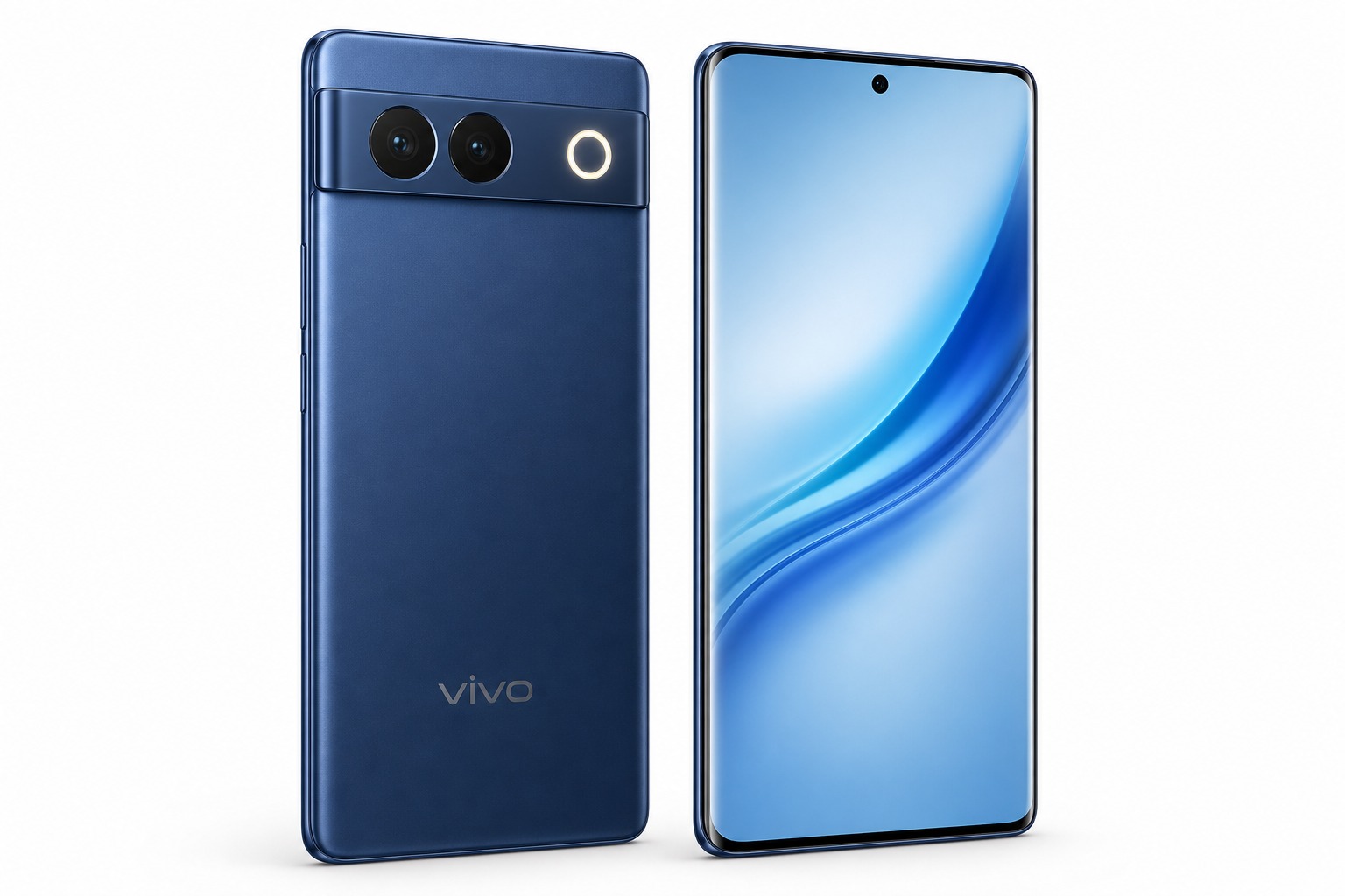 vivo S2 smartphone in Sapphire Blue showing the curved AMOLED display and horizontal Skyline camera module