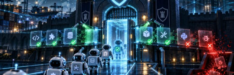 AI agent supply chain security verification checkpoint illustration