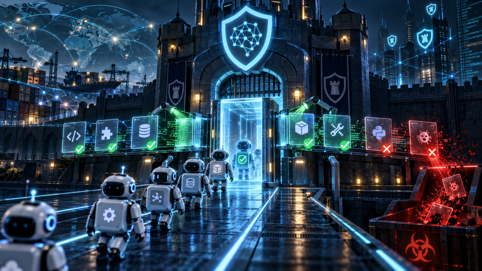 AI agent supply chain security verification checkpoint illustration