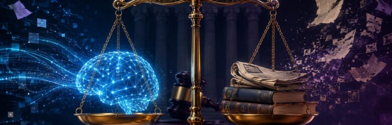 Conceptual illustration of a justice scale balancing a glowing neural network against printed books and a newspaper, representing the fair-use debate over AI training data