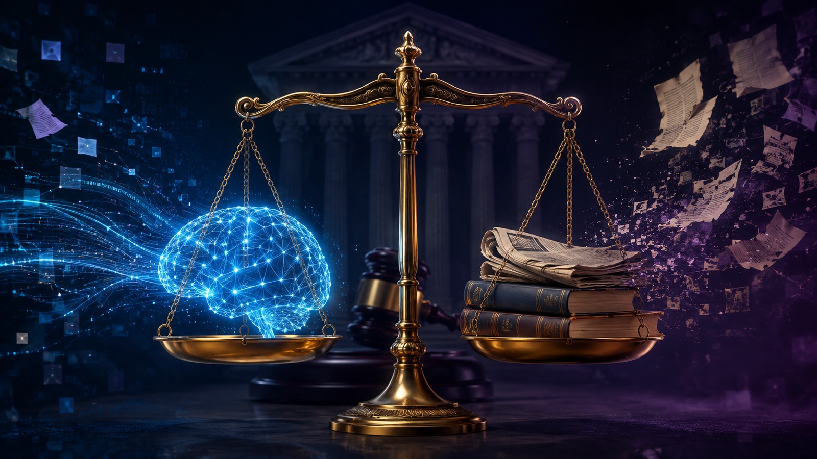 Conceptual illustration of a justice scale balancing a glowing neural network against printed books and a newspaper, representing the fair-use debate over AI training data
