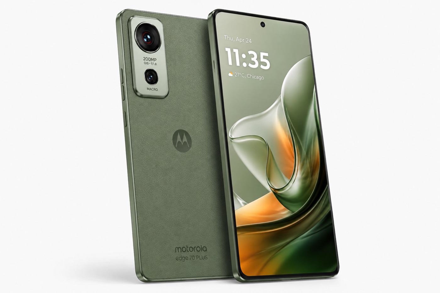 Motorola Edge 70 Plus in Sage green showing its vertical dual-camera module