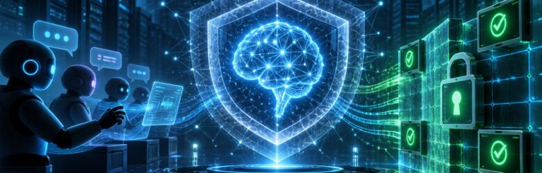 Conceptual illustration of enterprise AI agents protected by a digital security shield
