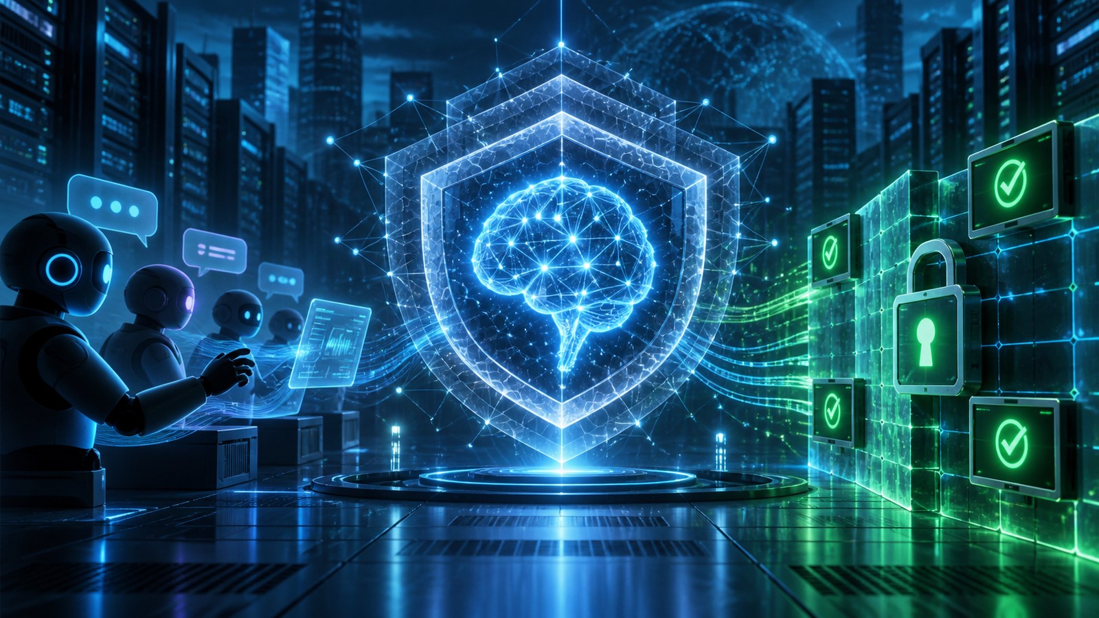 Conceptual illustration of enterprise AI agents protected by a digital security shield