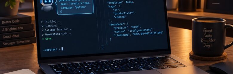 Developer laptop screen running a local AI assistant returning structured JSON