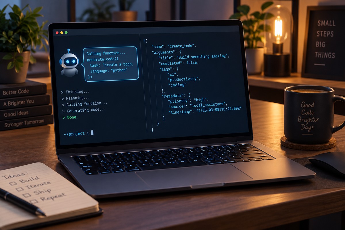 Developer laptop running a local AI assistant that returns structured JSON output