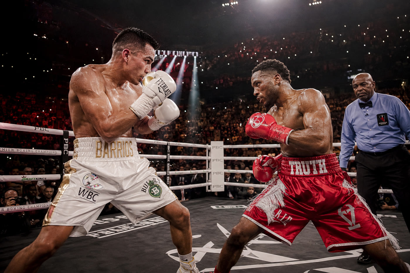 Two boxers in a boxing ring under bright arena lights