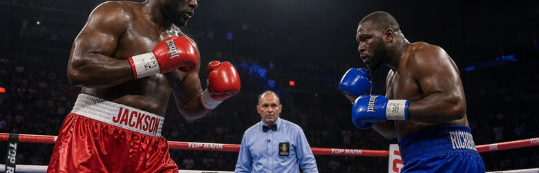 Two heavyweight boxers in a boxing ring under dramatic fight night atmosphere