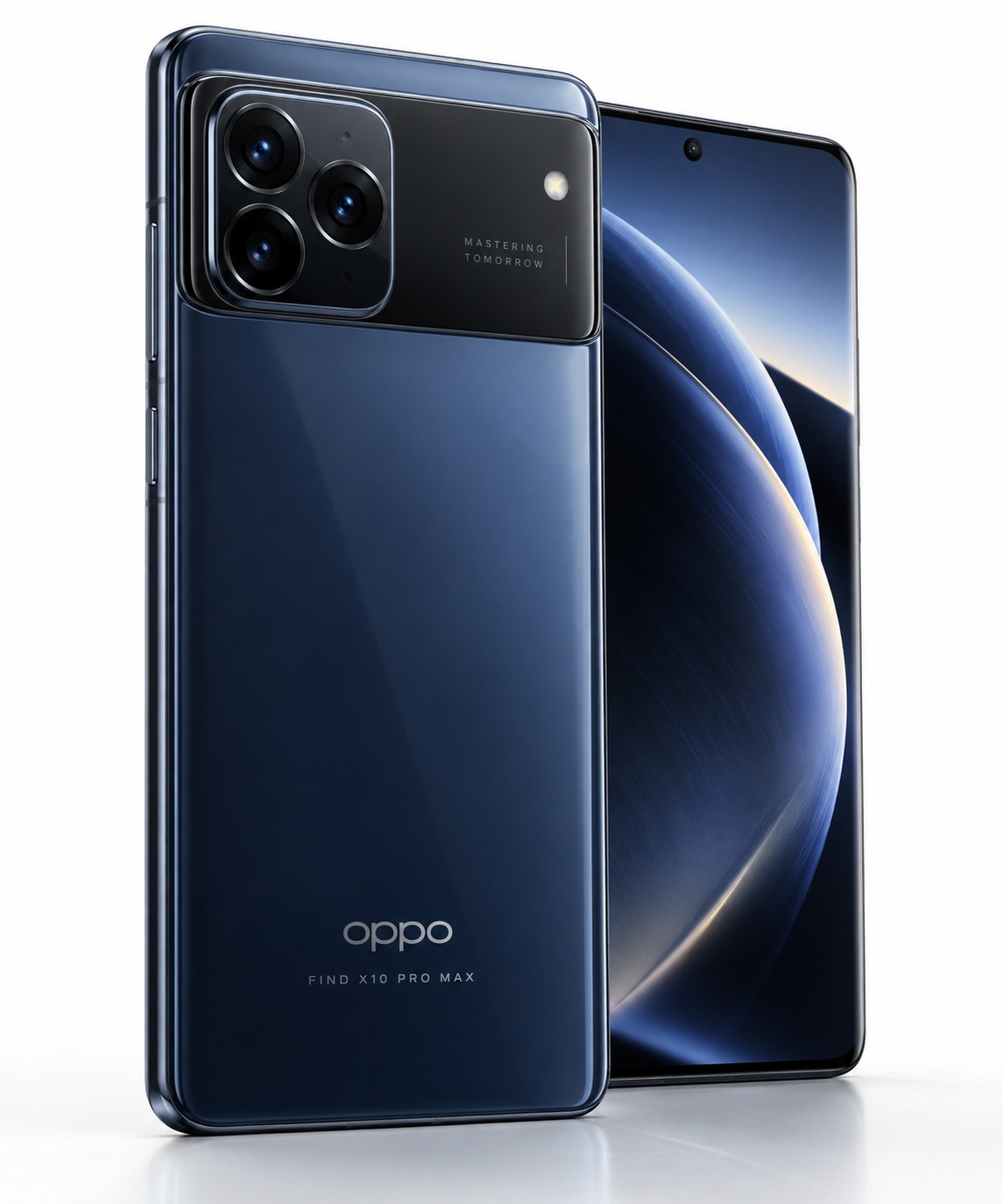 Oppo Find X10 Pro Max in deep blue showing the full-width triple camera bar on a white background