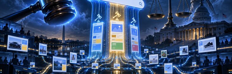 Conceptual illustration of a federal antitrust ruling on Google's advertising business, with a judge's gavel and scales of justice over ad-auction pillars and server racks