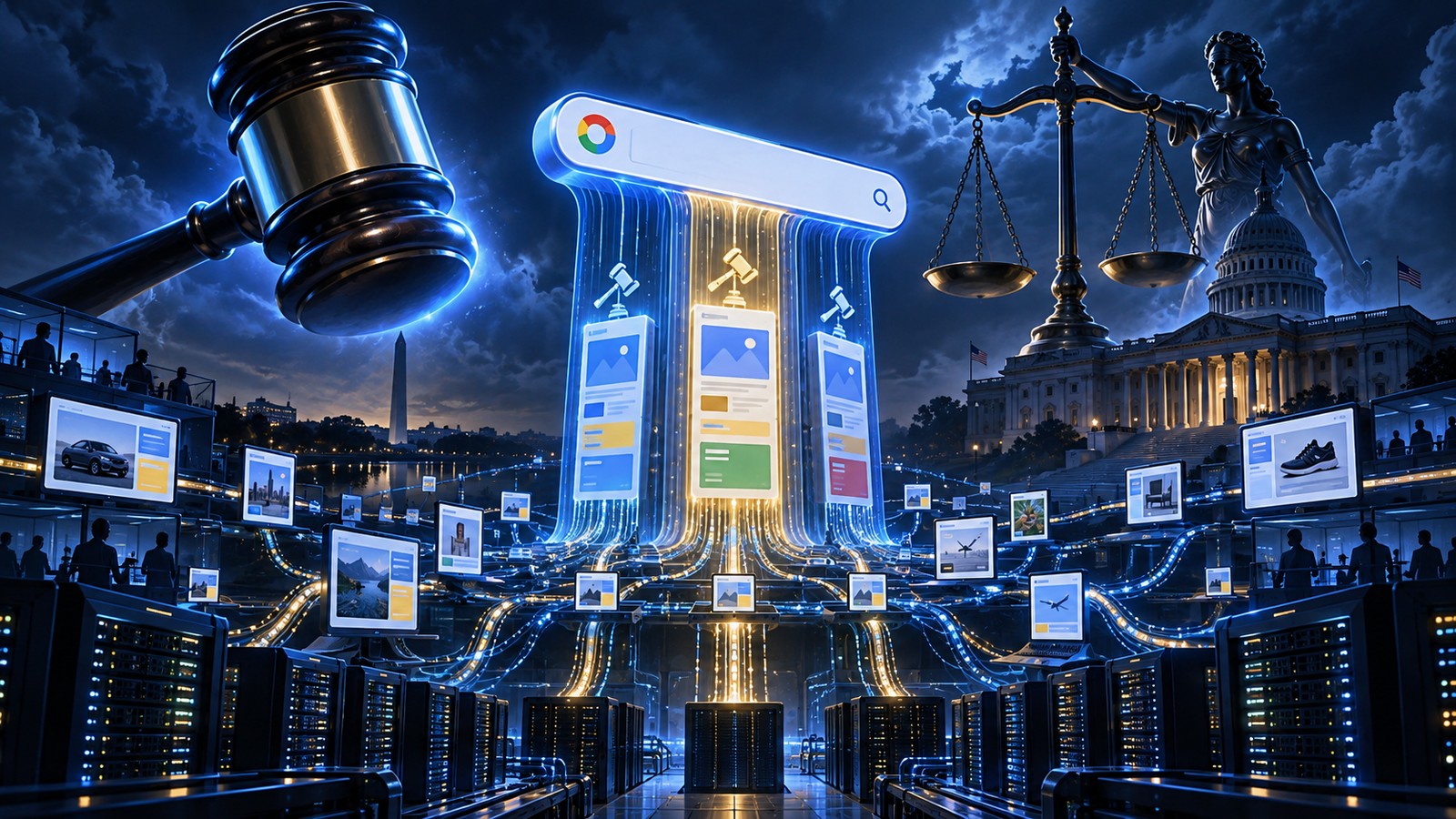 Conceptual illustration of a federal antitrust ruling on Google's advertising business