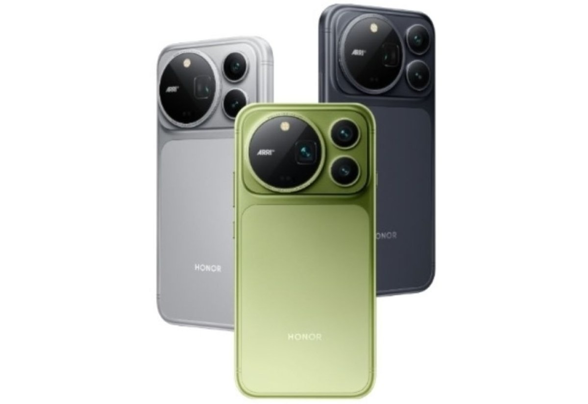 Honor Magic9 Pro Max smartphone in Gray color, showing the wide camera island with ARRI branding, triple camera lenses, and aluminum frame