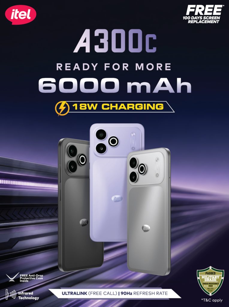 itel A300C smartphone in Comet Orange, showing the 6.56-inch HD+ display and rugged back design