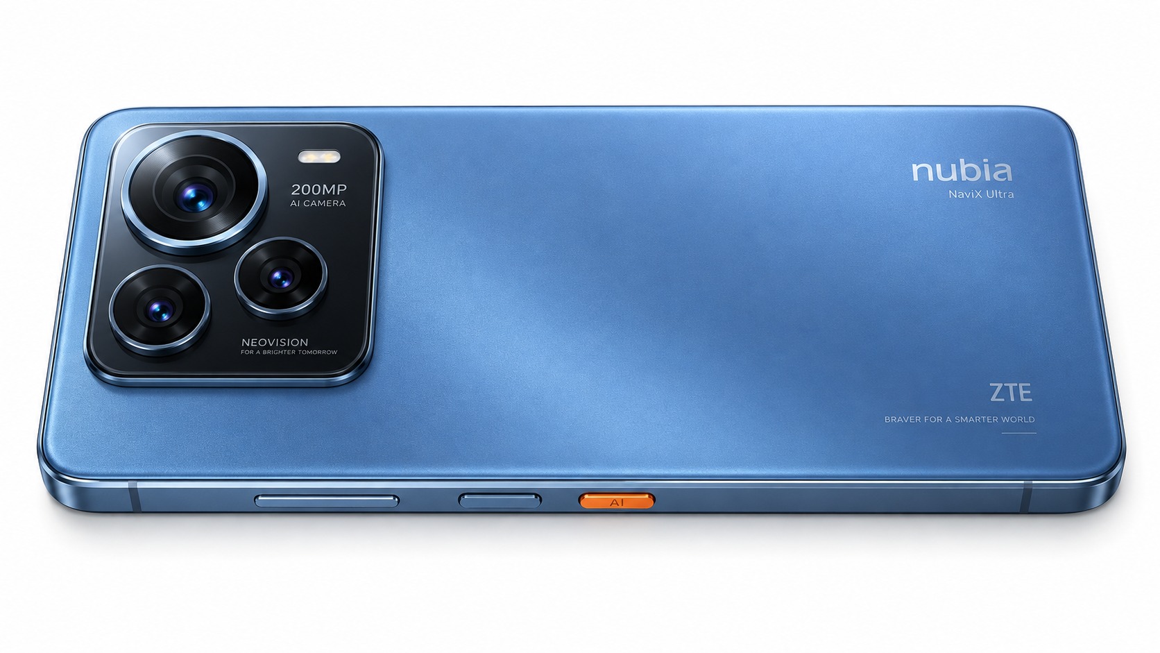 nubia NaviX Ultra Blue Horizon colour variant with triple-camera module and orange AI button