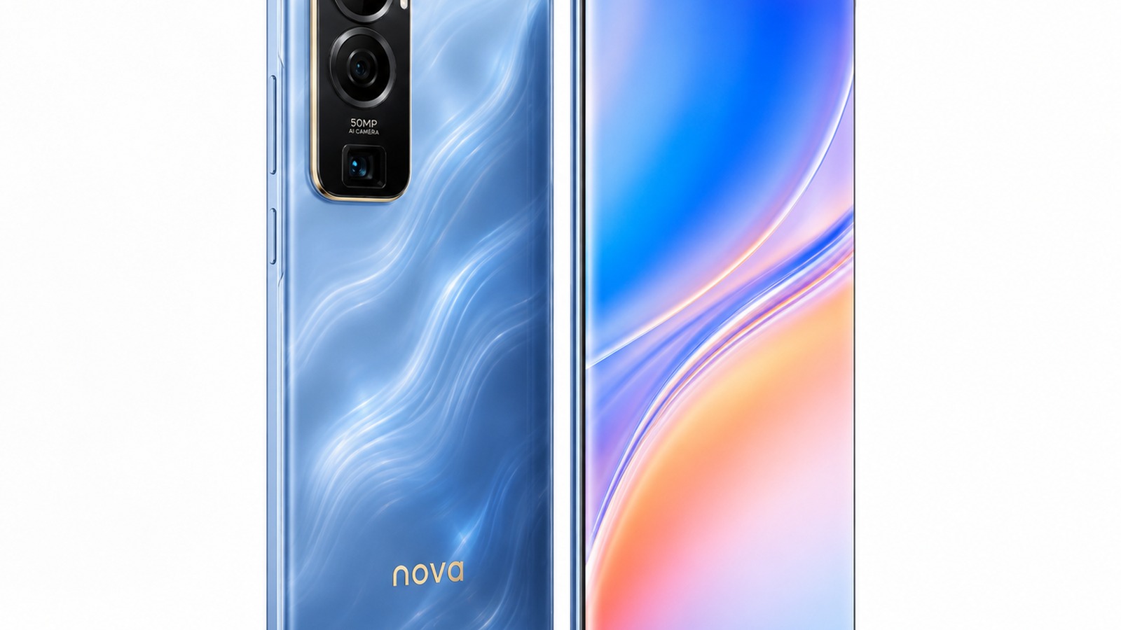 Huawei nova 16s smartphone in Isle Blue showing its vertical dual-camera module and large OLED display