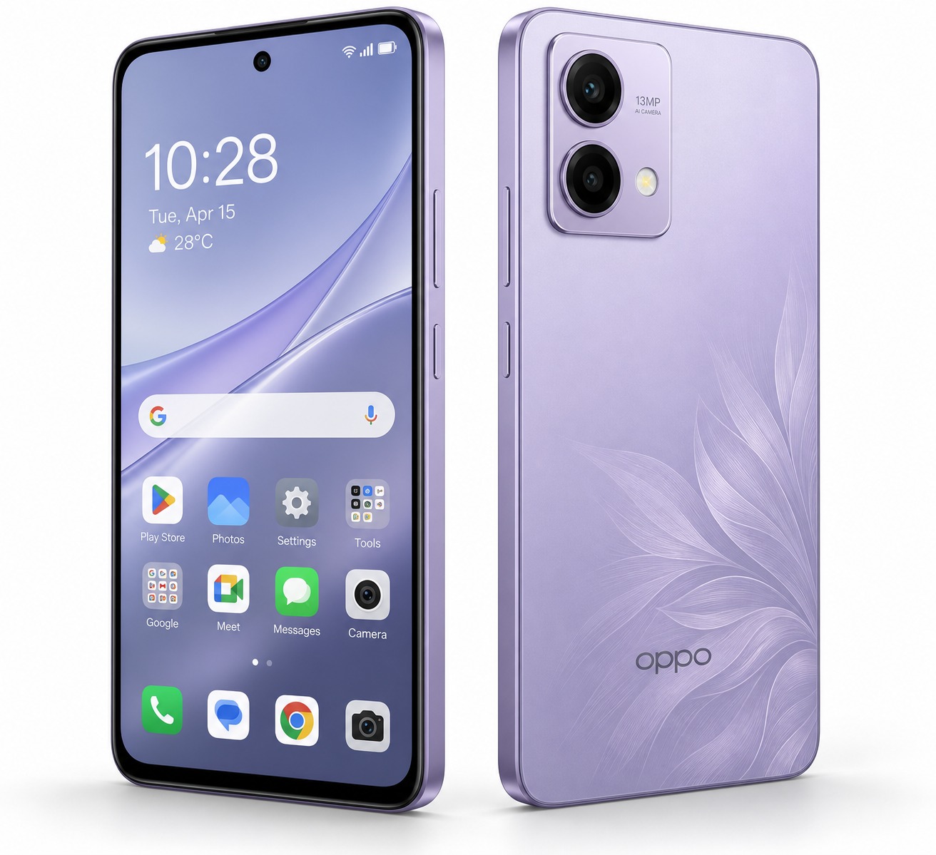 Oppo K14 Lite in Feather Purple showing its big battery, 120Hz HD+ LCD, and vertical dual camera module