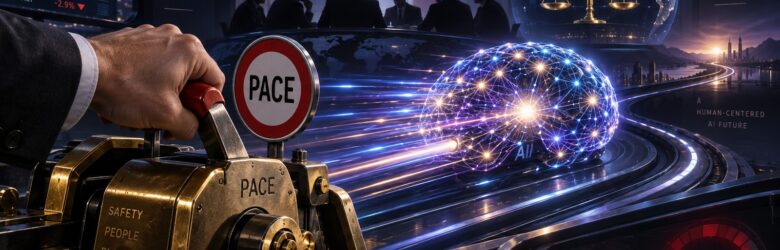 Conceptual illustration of a glowing neural network brain with a human hand pressing a brake on a speed limit sign labeled PACE, deep navy and purple tones with red alert accents
