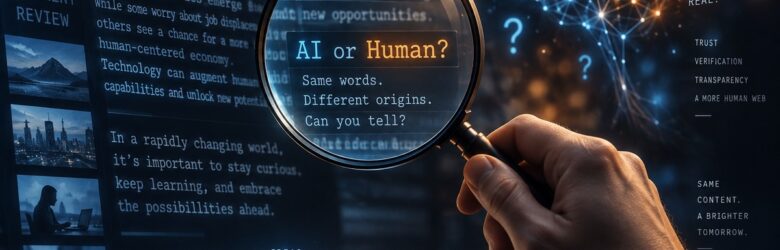 Conceptual illustration about AI detection and trust - a hand examining text streams with neural network patterns
