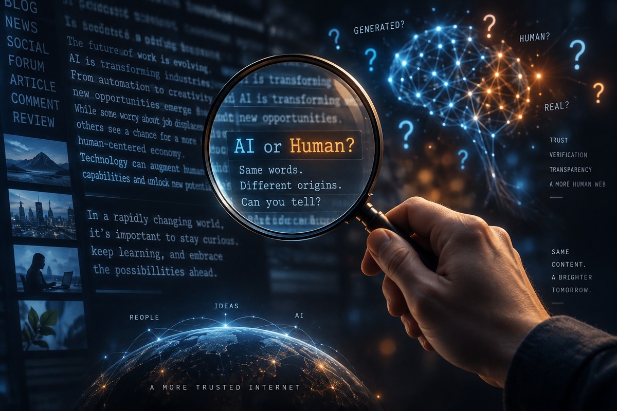 Conceptual illustration about AI detection and trust - a hand examining text streams with neural network patterns