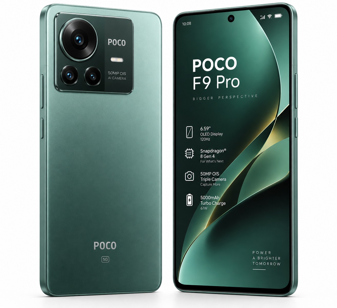 Poco F9 Pro smartphone in Aurora Green on white studio background, showing the 6.59-inch OLED display and triple-camera module on the top-left corner