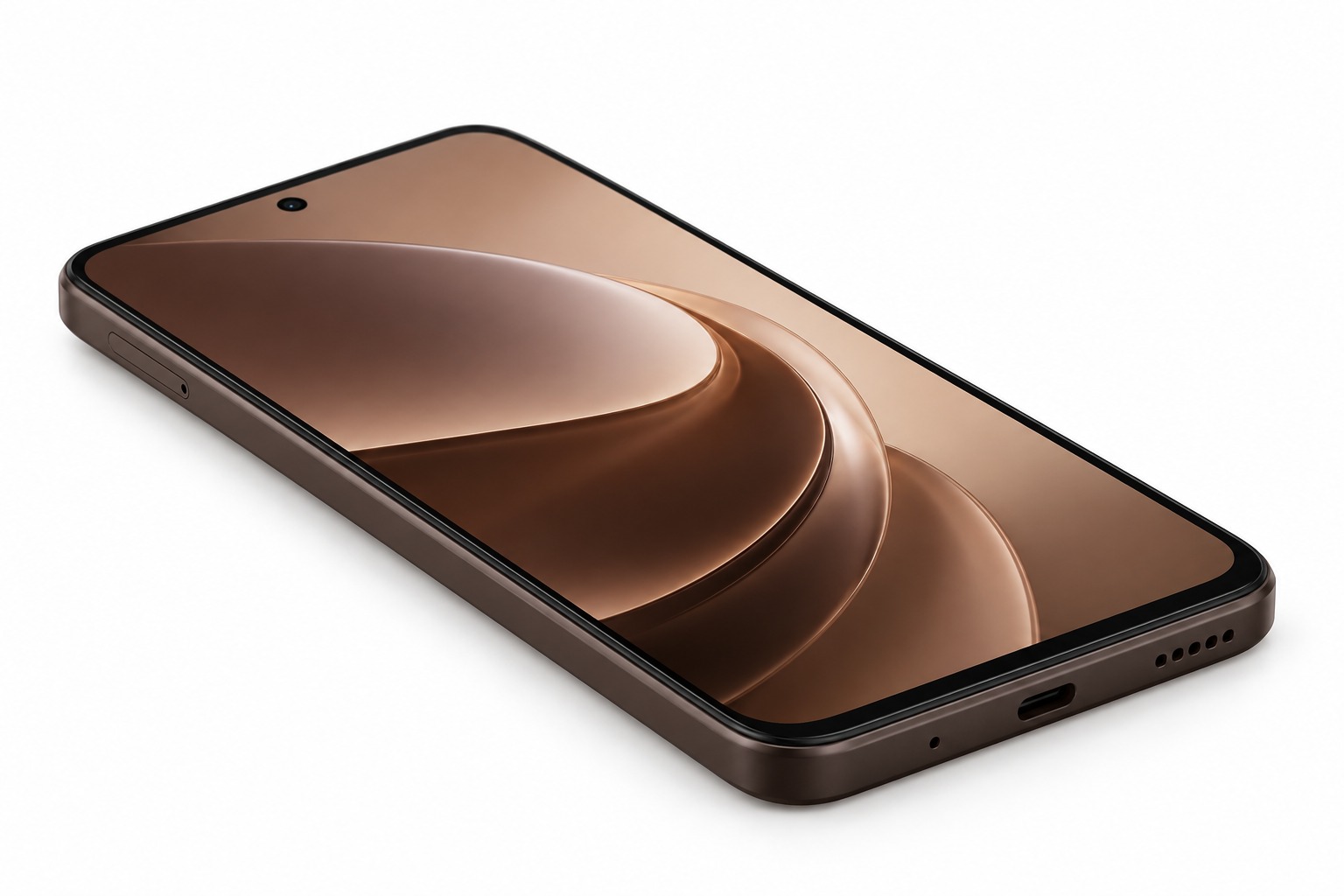 Realme 16x 5G smartphone in dark brown on white studio background