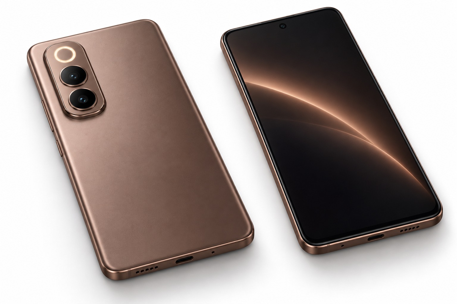vivo T5 5G smartphone in Royal Bronze colour, showing the back with Skyline Camera Module and curved display