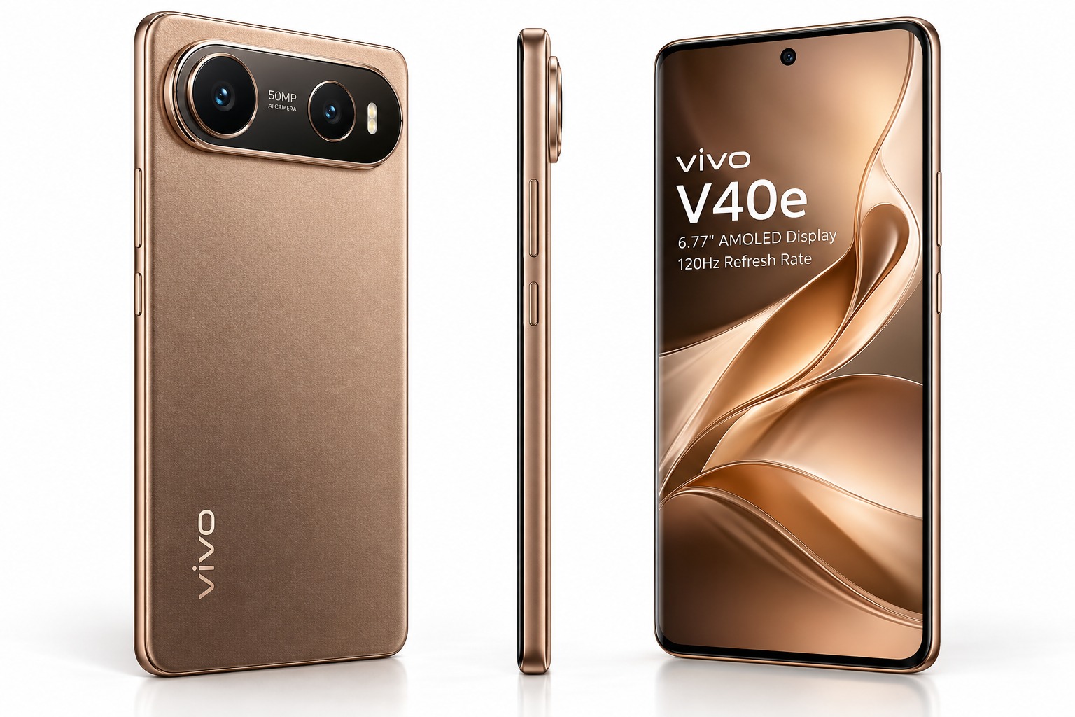 vivo V40e smartphone in Royal Bronze colour, showing dual rear camera module and AMOLED display