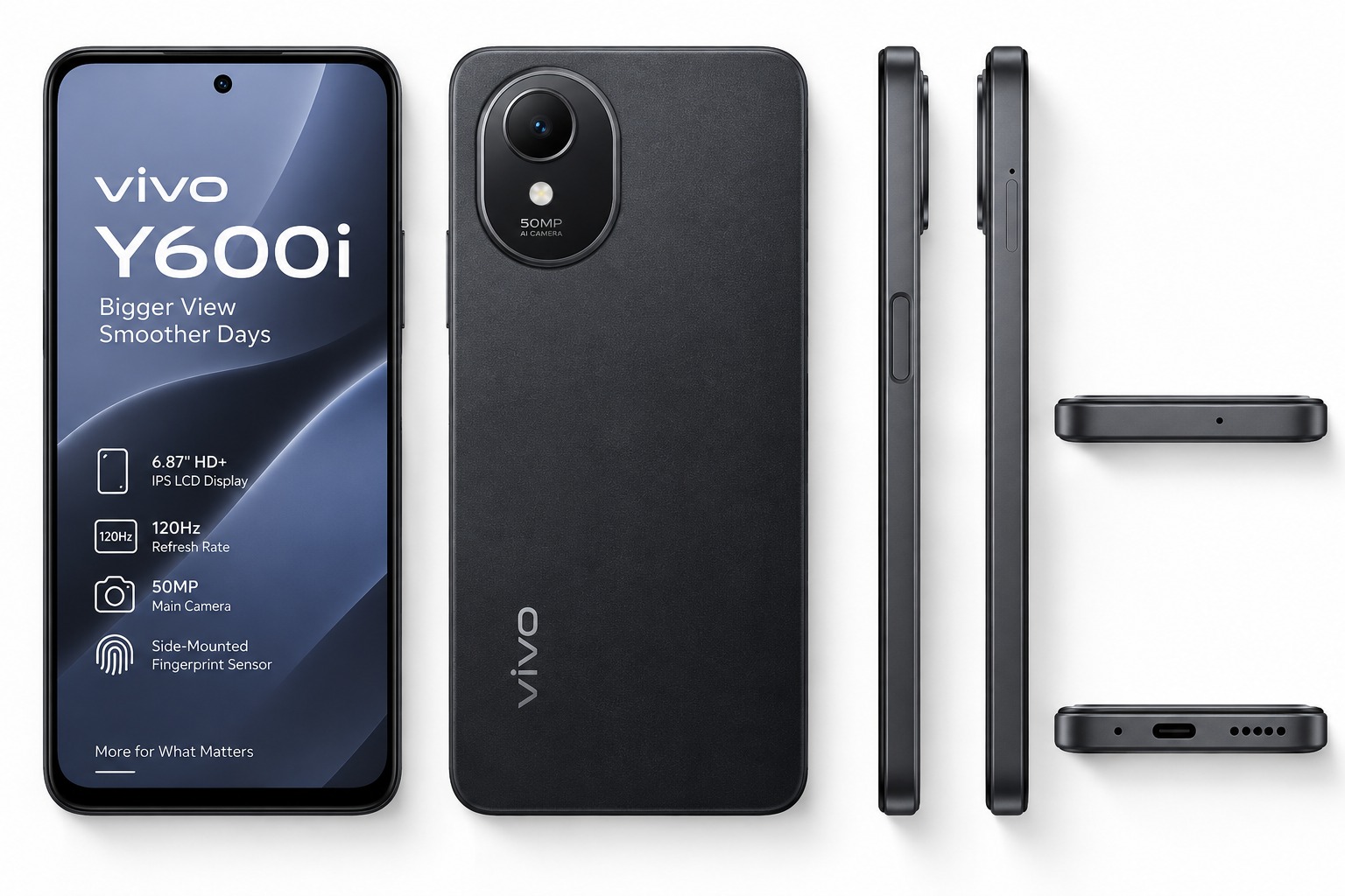 vivo Y600i smartphone in Polar Night Black on white studio background, 6.87-inch HD+ display, single 50MP camera module, side-mounted fingerprint sensor