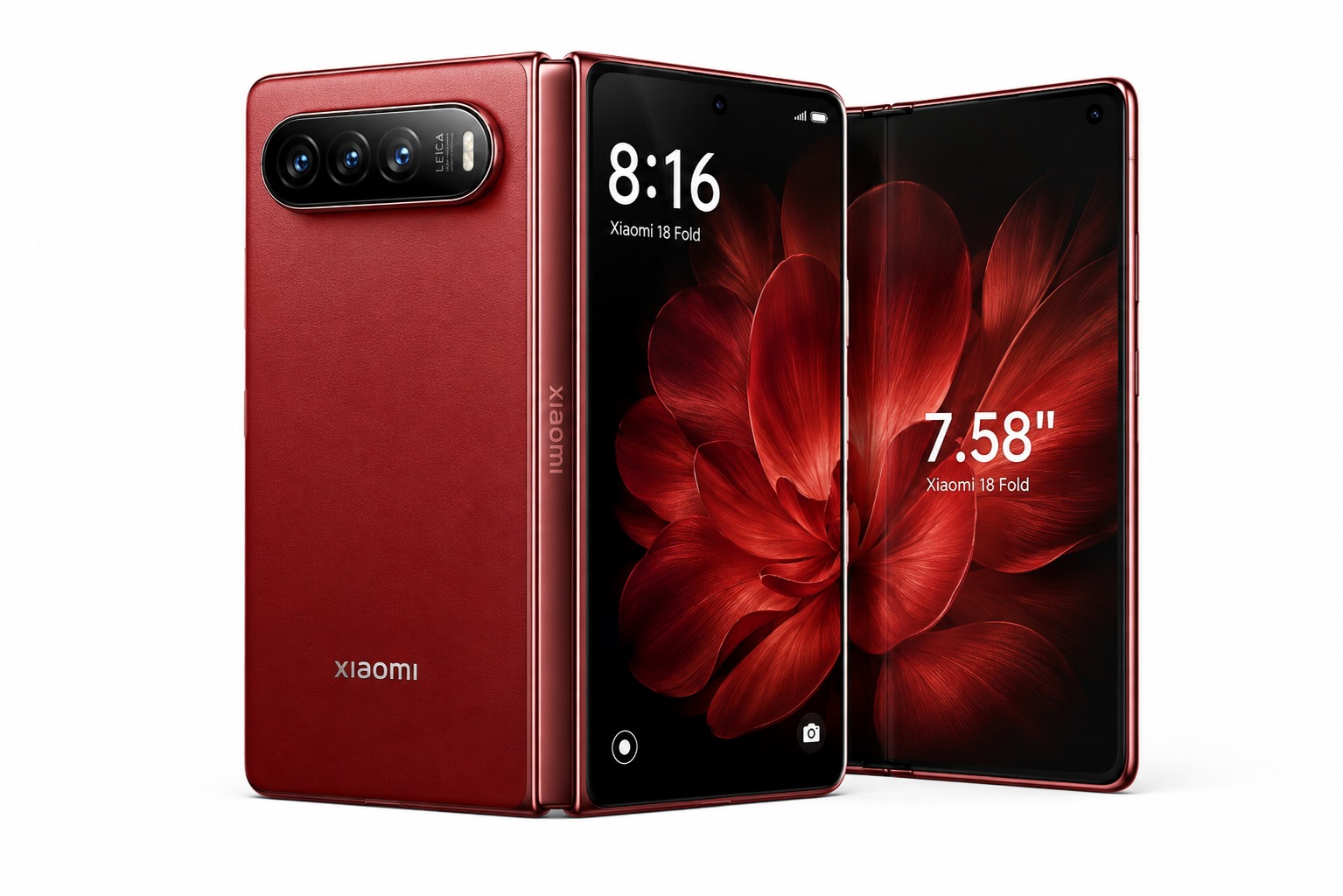 Xiaomi 18 Fold in Nishino Red, mid-fold wide-screen foldable
