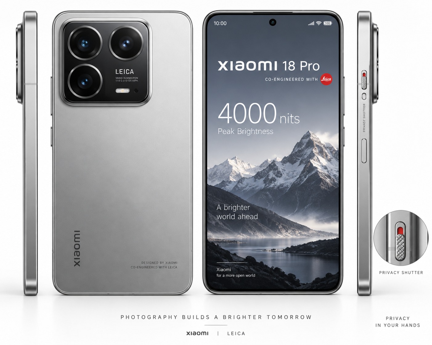 Xiaomi 18 Pro smartphone in silver-gray, showing Leica triple-camera module and display screen