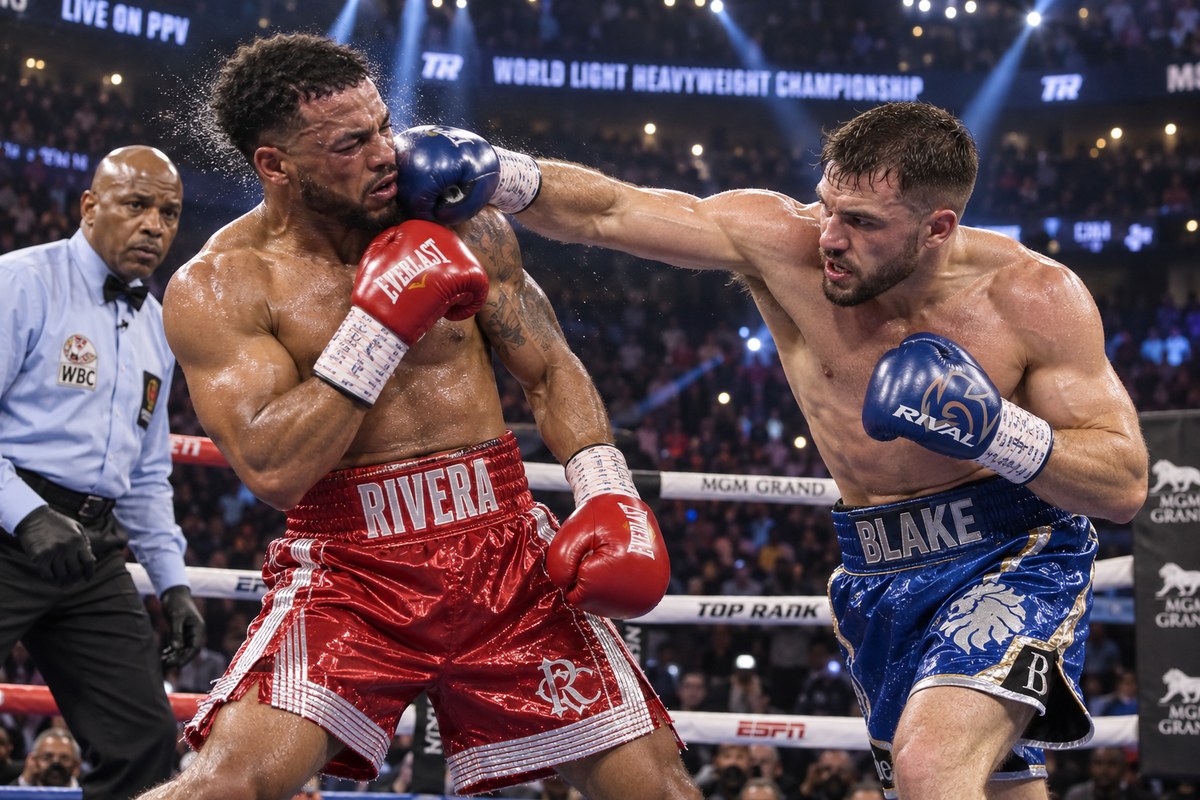 Two light heavyweight boxers exchanging punches in a boxing ring under arena lights