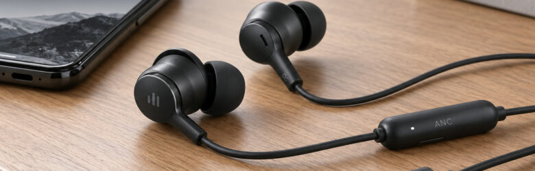 Black wired USB-C earbuds with active noise cancellation on a wooden desk