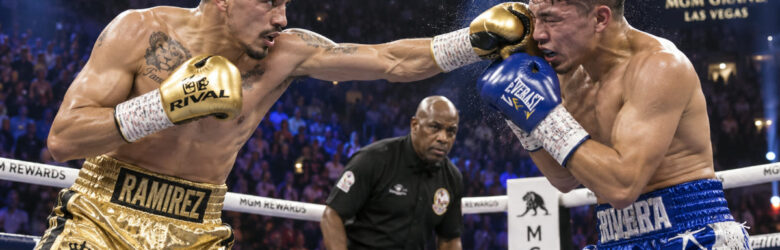 Two lightweight boxers trading punches in a boxing ring under arena lights
