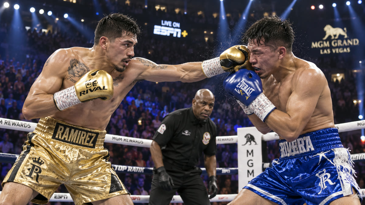 Two lightweight boxers trading punches in a boxing ring under arena lights